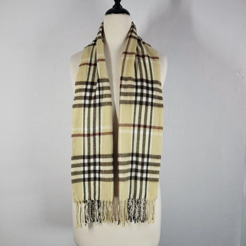 Cashmere Blend Plaid Scarf Made in Italy Tan Brown Fringe Preppy Academic Ivy‎